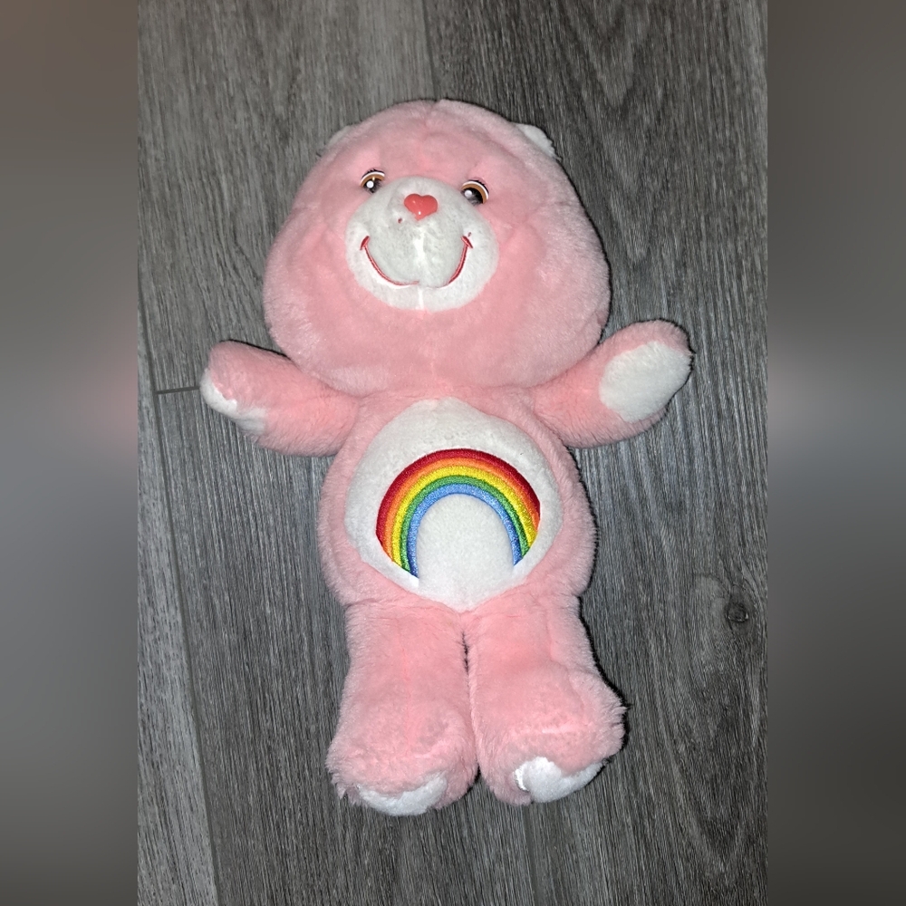 Plush Pink Care Bear Cheer bear, rainbow belly, 13", made in 2002